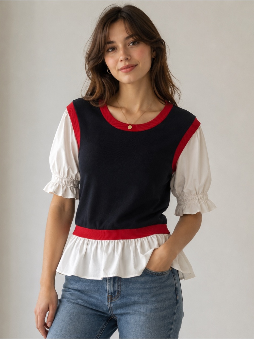 Anthropologie | red white & blue  sweater with cotton peplum Sz M
